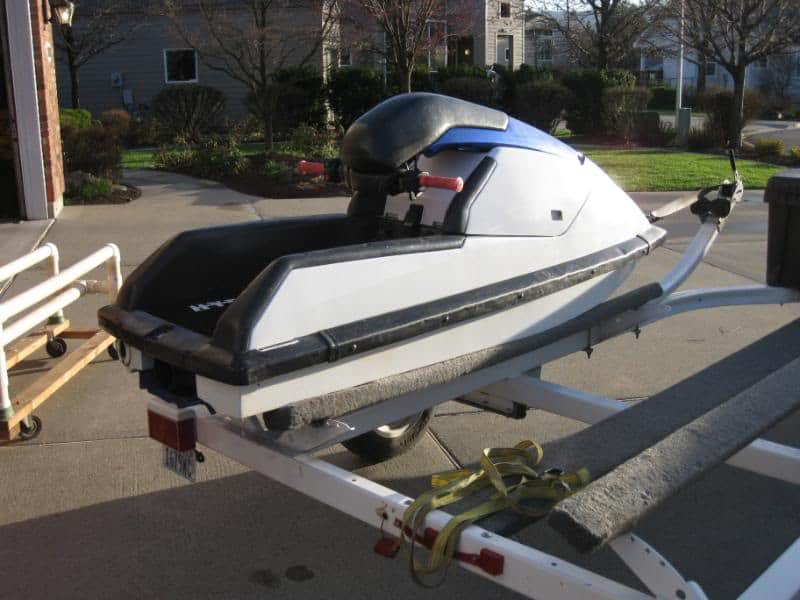 Rear of a jet ski loaded on a trailer